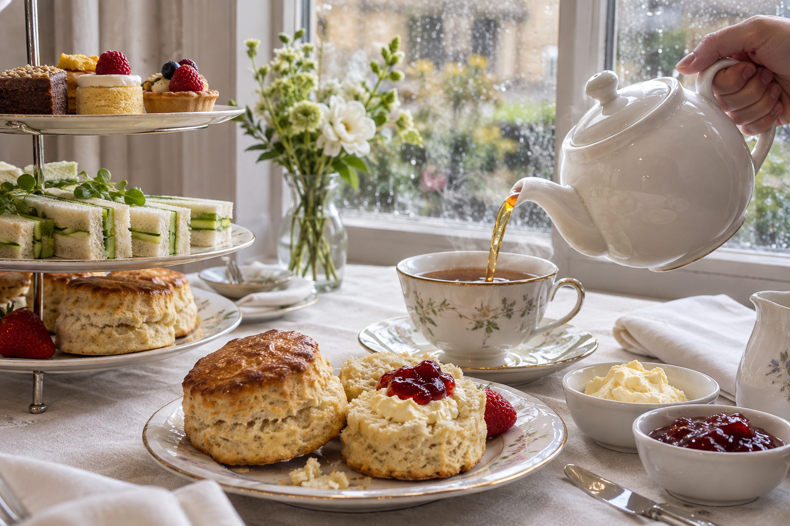 Scones, gurksmörgåsar och svart te gör eftermiddagspausen till en liten måltid. Nyskapad fotorealistisk illustration.