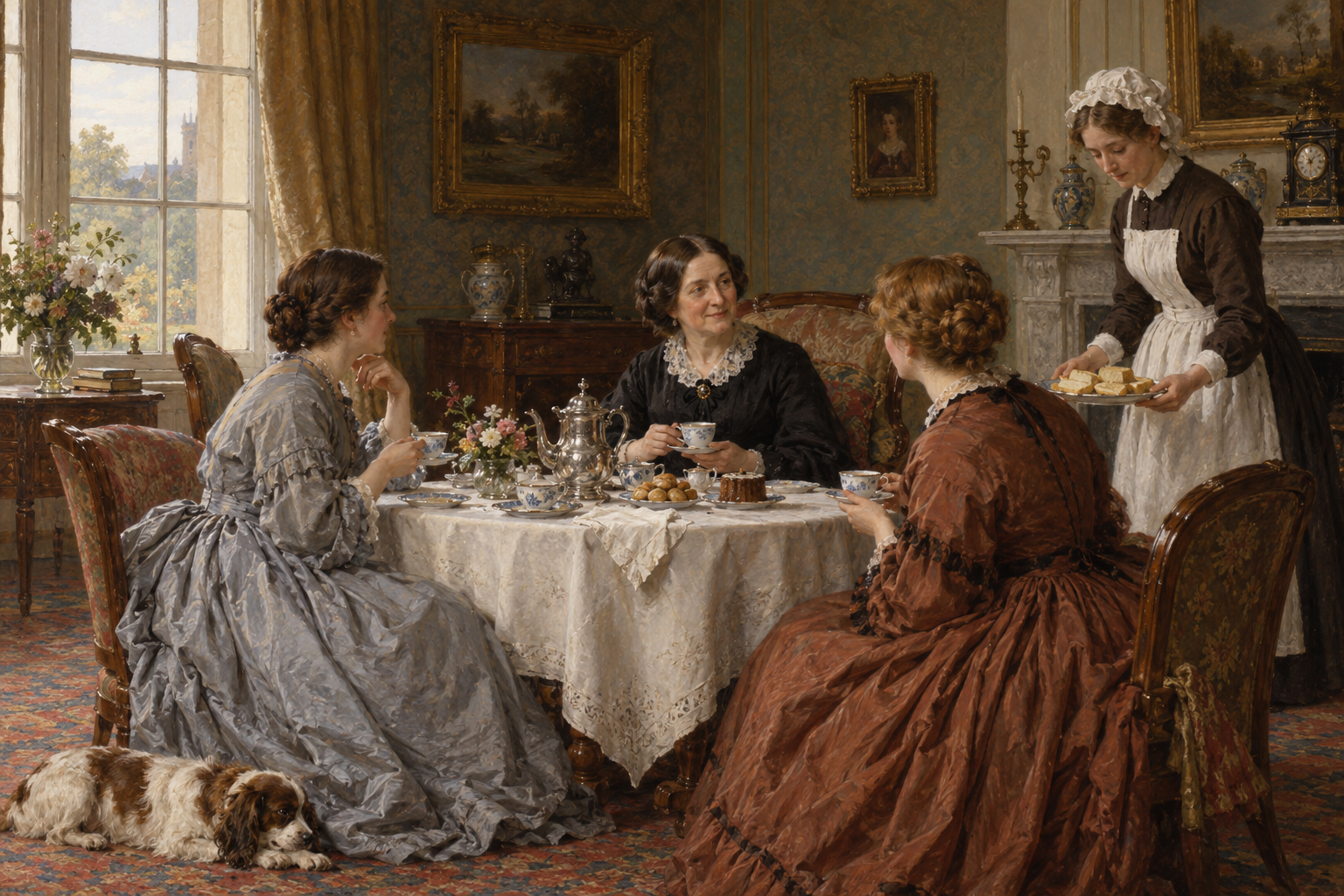 Anna av Bedford förknippas med det aristokratiska teumgängets popularisering, snarare än ett säkert uppfinnarögonblick. Nyskapad målad illustration av ett tänkt engelskt tesällskap på 1840-talet.