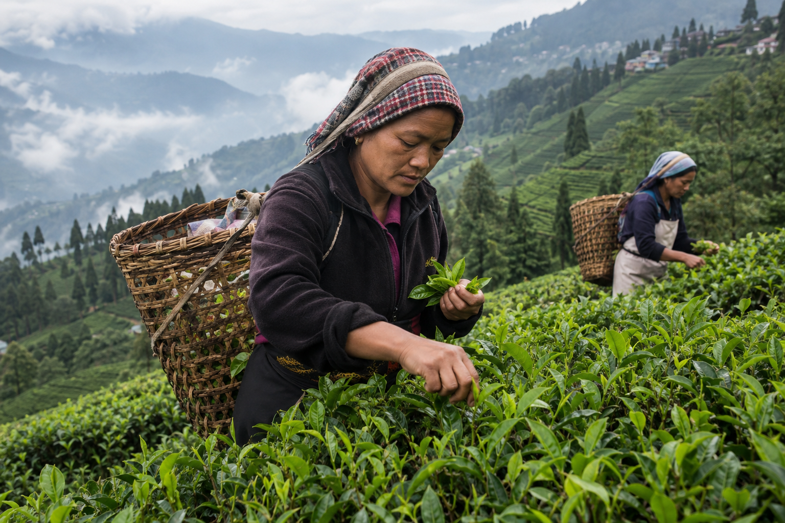 Darjeeling är en odlingsplats där människor plockar och bearbetar bladen, inte bara ett namn på teburken. Nyskapad fotorealistisk illustration av en nutida teodling.