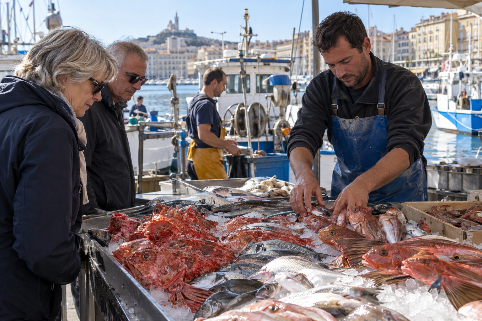 Vid Vieux-Port blir sambandet mellan hamn, fiskhandel och gryta synligt. Nyskapad fotorealistisk illustration av fiskmarknaden i Marseille.