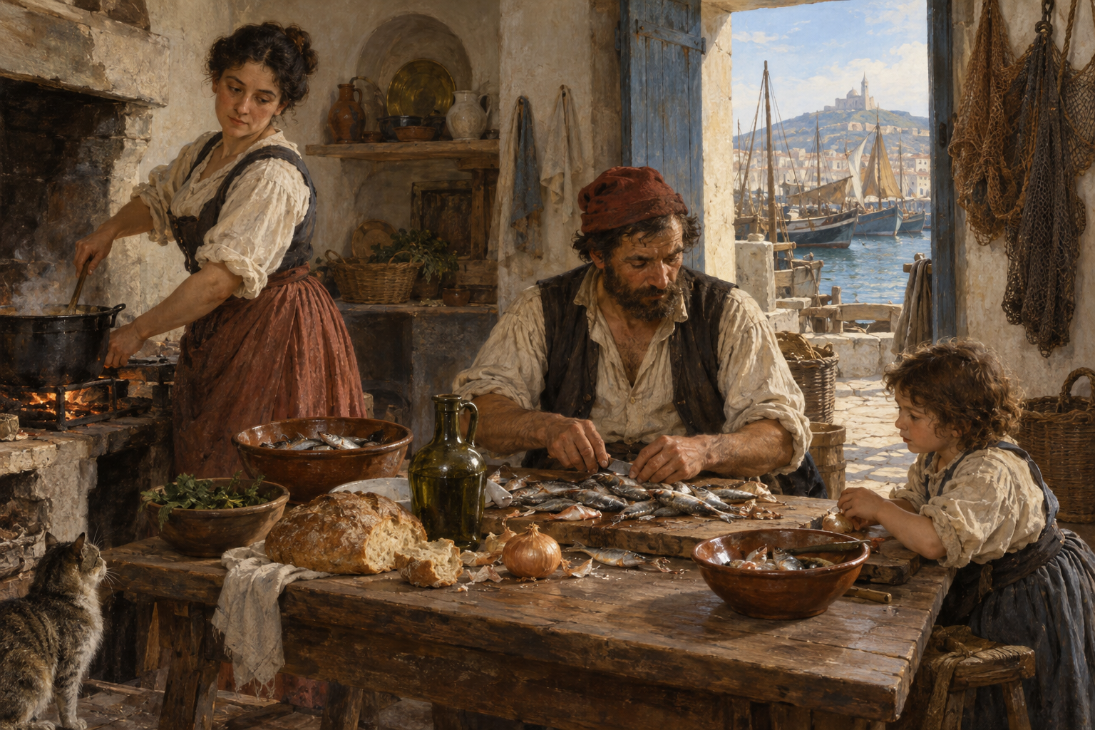 Fiskarnas hushåll förknippas med bouillabaissens bakgrund, men någon första gryta är inte dokumenterad. Nyskapad målad illustration av en tänkt måltidsförberedelse i 1800-talets Marseille.