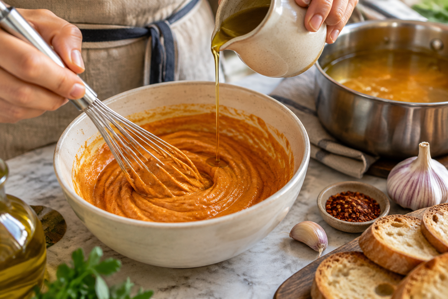 Oljan vispas ner långsamt så att rouillen blir sammanhållen och krämig; vitlök och chili ger motstånd till buljongen. Nyskapad fotorealistisk illustration.