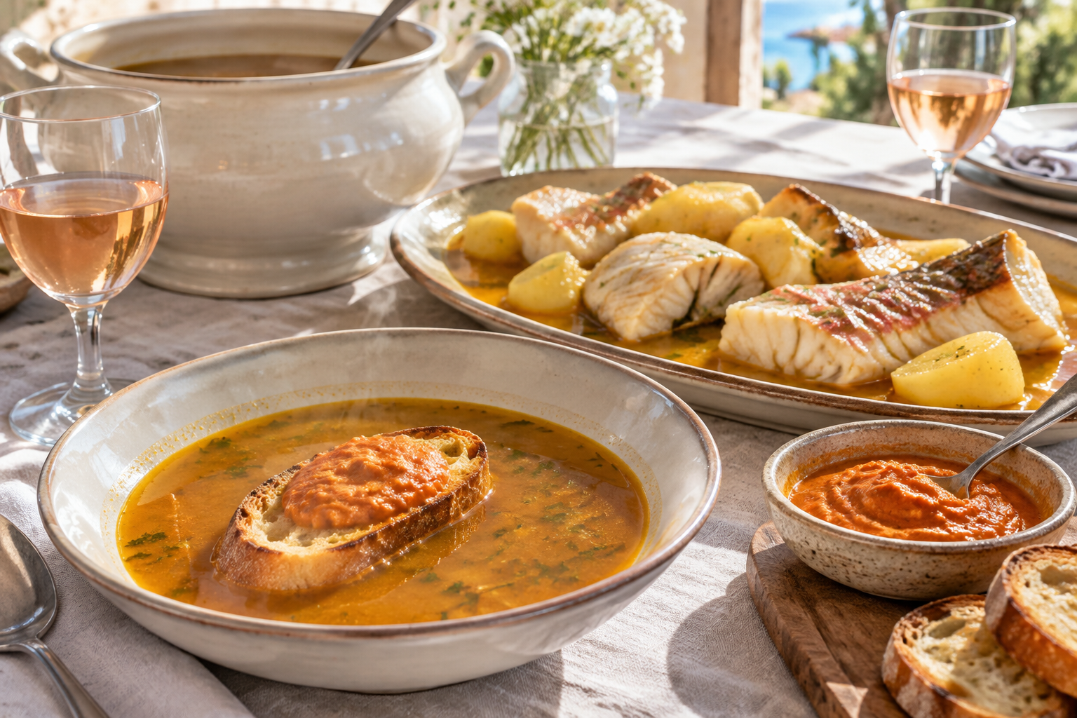 Fisk, buljong, rostat bröd och rouille får ta var sin plats på bordet, med ett torrt provensalskt rosévin som möjlig följeslagare. Nyskapad fotorealistisk illustration.
