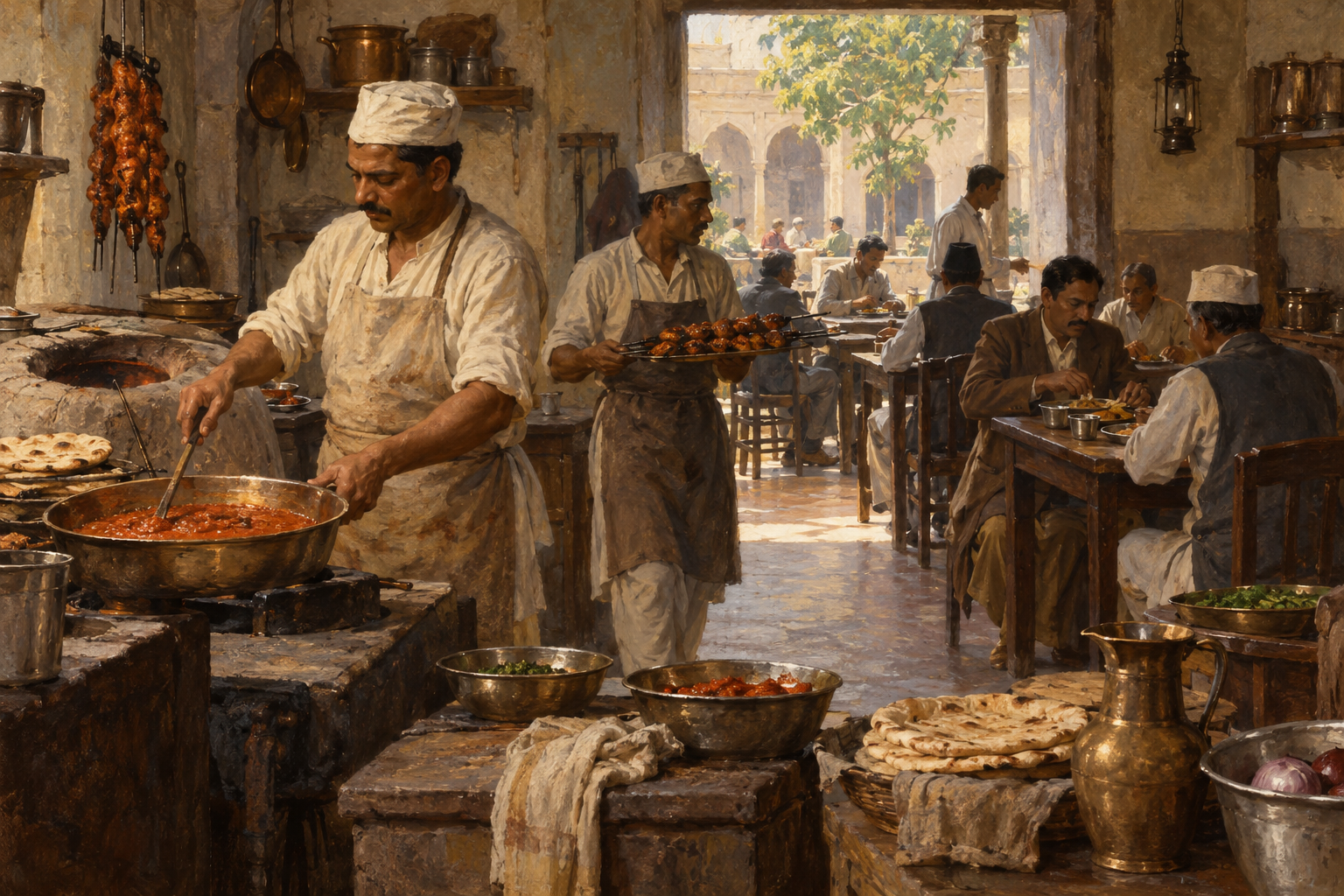 Nyskapad målad illustration av en tänkt restaurangmiljö i Delhi efter delningen 1947, inte ett dokumenterat tillkomstögonblick. Butter chicken förknippas med Moti Mahal, men upphovet är omstritt.