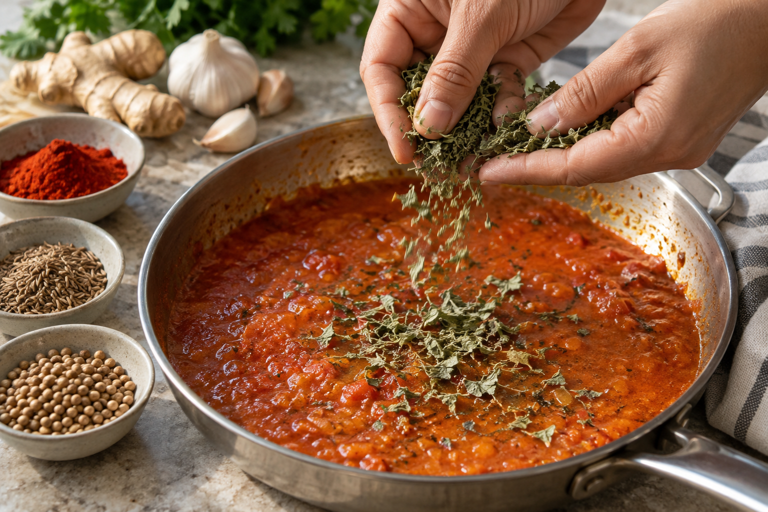 Kasuri methi smulas strax före användning och ger såsen sin örtiga, höiga ton. Nyskapad fotorealistisk illustration.