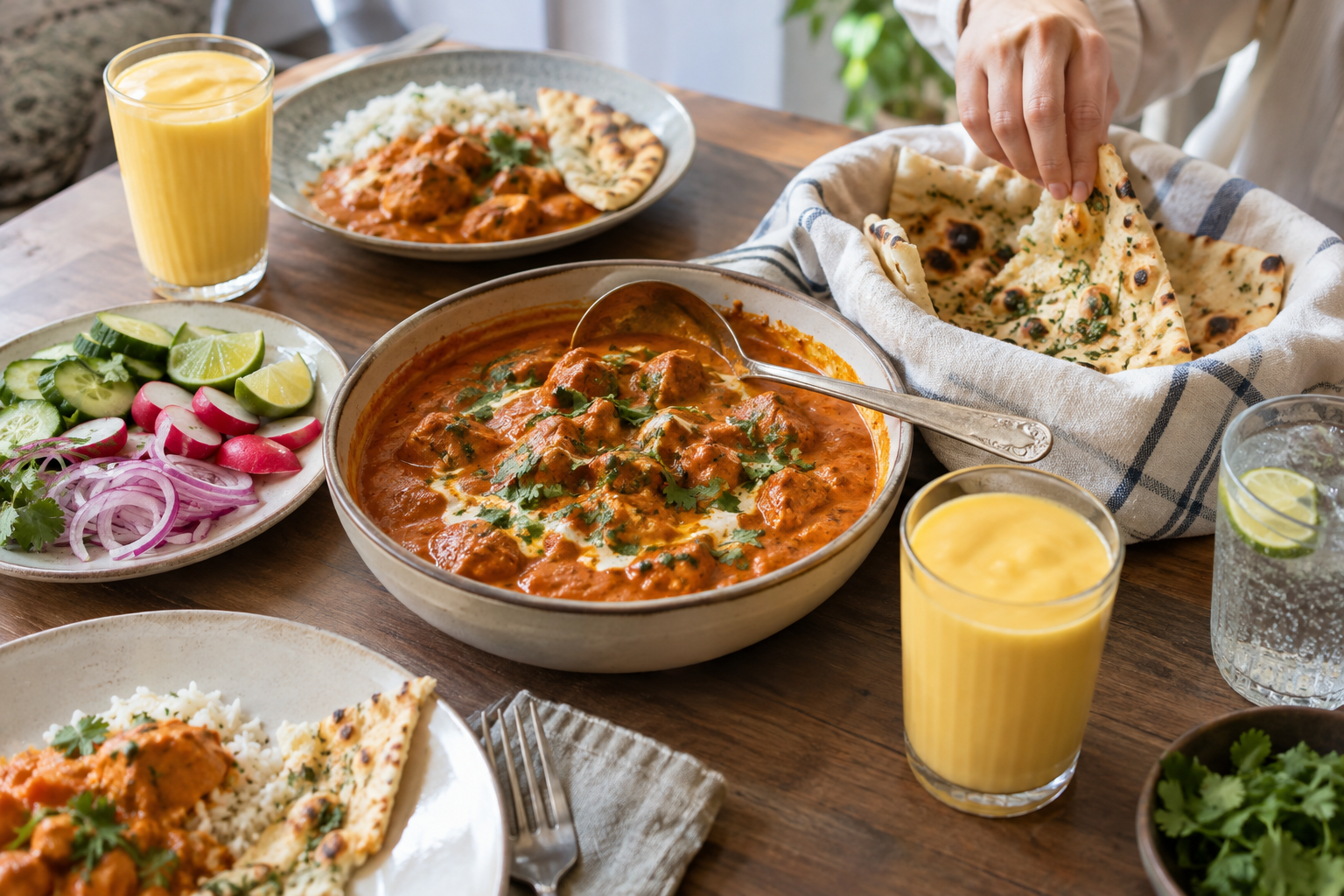 Varmt naan fångar upp såsen, medan gurka, rädisor och lime ger frisk kontrast; mango lassi rundar av måltiden. Nyskapad fotorealistisk illustration.