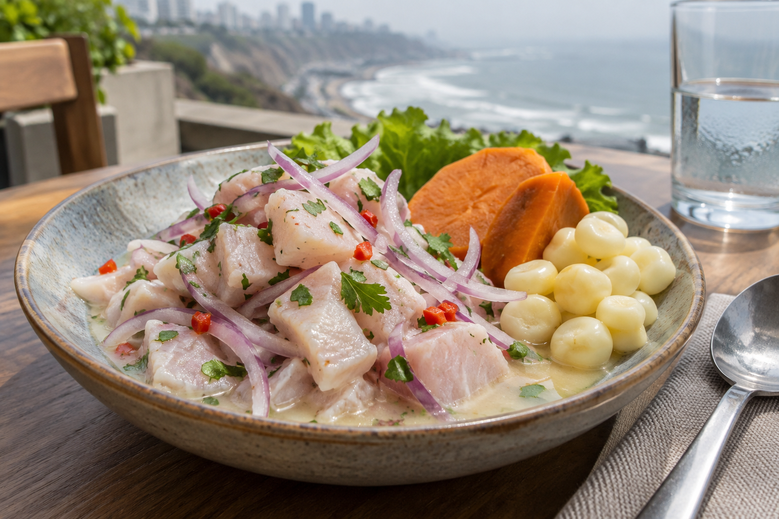 Nyblandad ceviche med rödlök, chili, sötpotatis och choclo – syra och hetta med mjuka avbrott. Nyskapad fotorealistisk illustration.