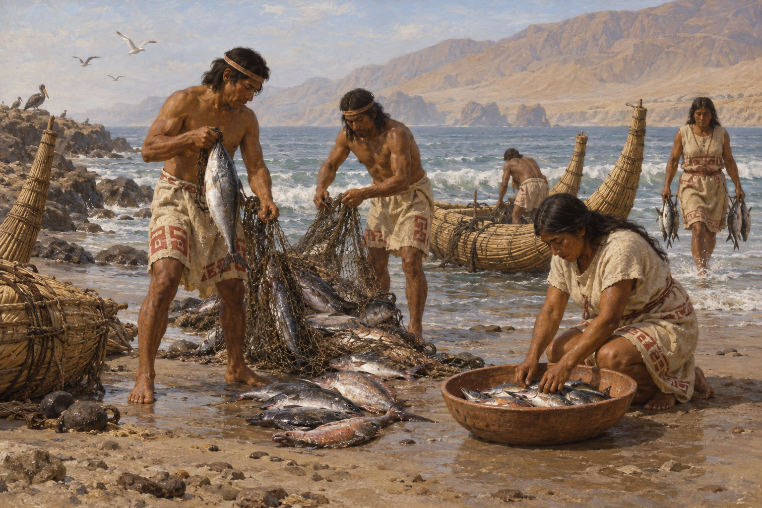 Fisket var centralt längs Perus kust långt före den spanska erövringen, men det belägger inte ett recept på dagens ceviche. Nyskapad målad illustration av en tänkt fiskescen under mocheperioden.