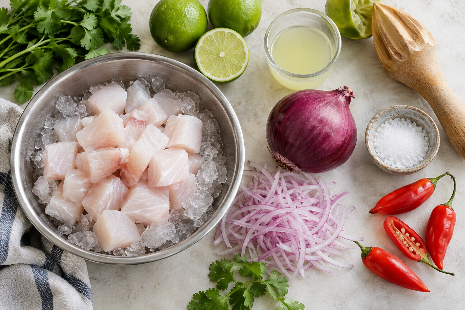 Fisk, lime, rödlök, chili och salt kräver få moment men noggrann balans; fisken hålls kall tills det är dags att blanda. Nyskapad fotorealistisk illustration.