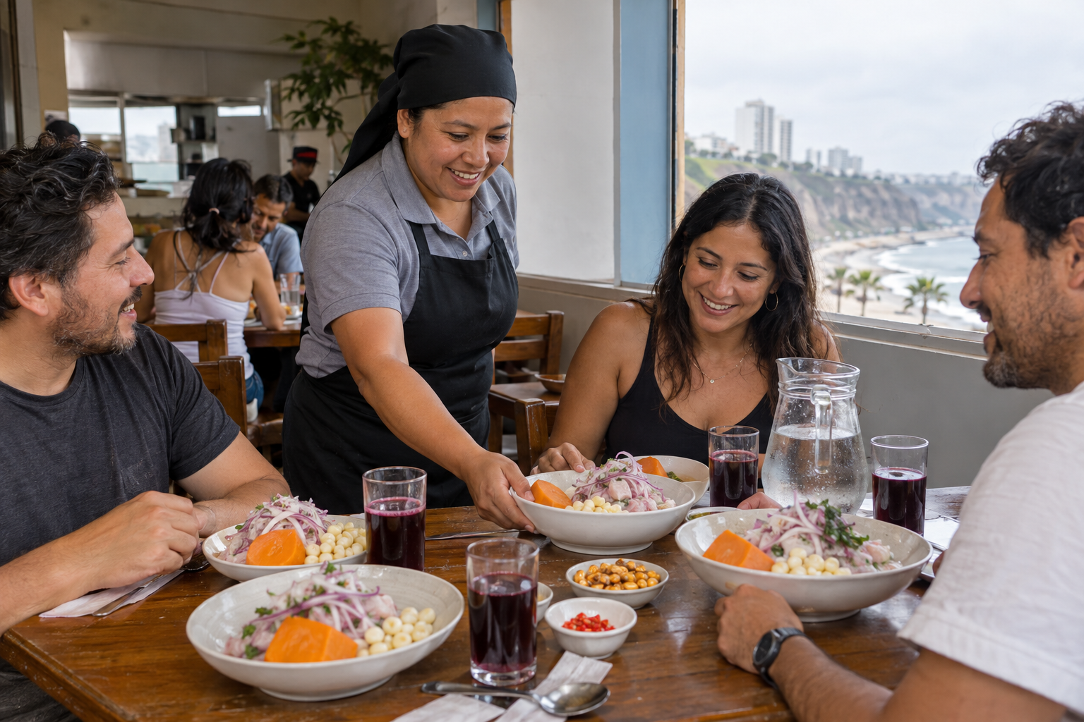 Cevichelunchen rymmer både gemenskap och kontraster: syrlig fisk, sötpotatis, knaprig cancha och sval chicha morada. Nyskapad fotorealistisk illustration av en tänkt cevichería i Lima.