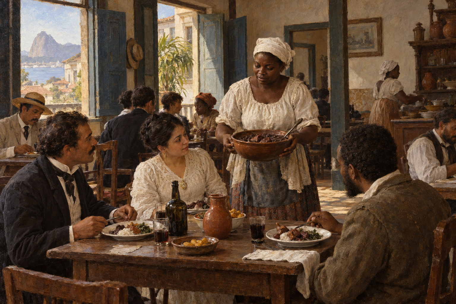 Feijoada förekommer i brasilianska tidnings- och restaurangsammanhang under 1800-talet, men beläggen fastställer inte rättens ursprung. Nyskapad målad illustration av en tänkt stadskrog i Rio omkring 1880.