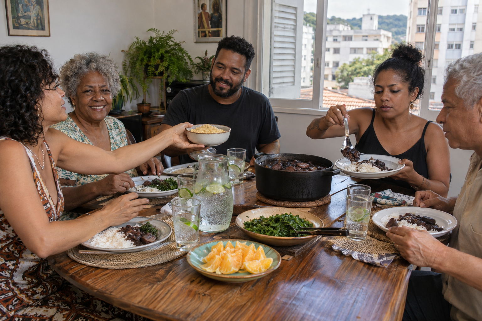 Ett gemensamt bord låter var och en välja sin balans mellan gryta och tillbehör, utan att representera hela Brasiliens vardag. Nyskapad fotorealistisk illustration av en tänkt familjelunch i Rio.