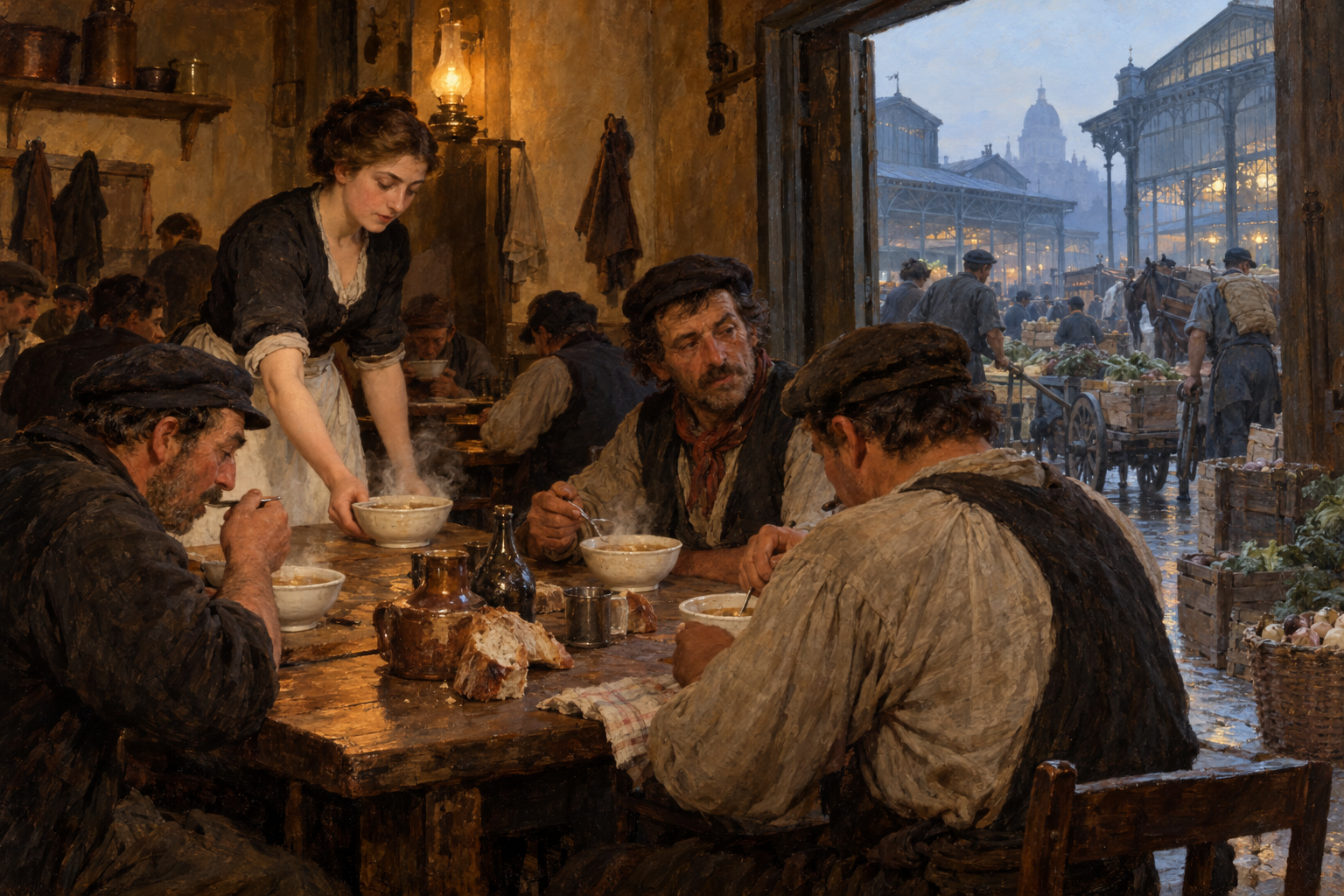 Matställena kring Les Halles förknippades med värmande måltider för marknadsarbetare och sena gäster. Nyskapad målad illustration av en tänkt scen omkring 1890, inte en dokumenterad händelse.