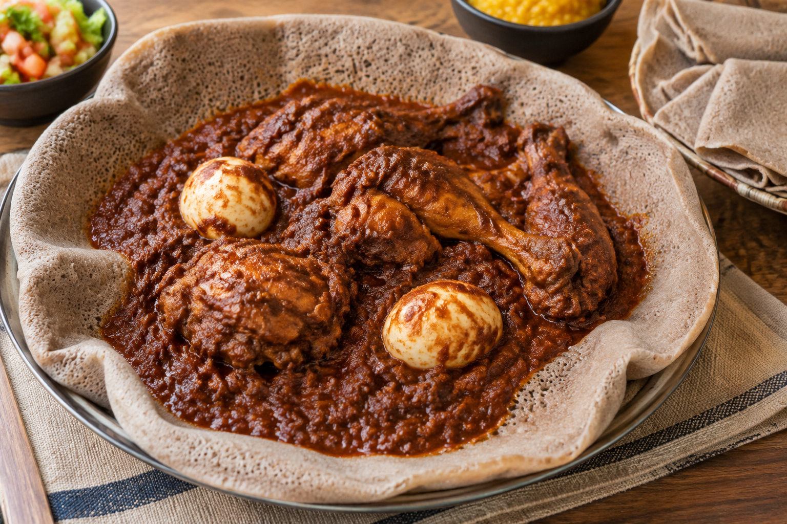 Injera är både bröd och redskap, och fångar upp den mustiga såsen från doro wat. Nyskapad fotorealistisk illustration.