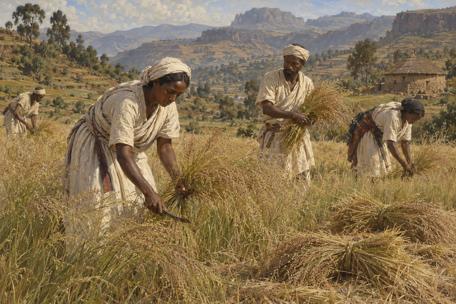 Teff har en lång odlingshistoria på Afrikas horn, men något säkert första odlingsår går inte att ange. Nyskapad målad illustration av en tänkt skördescen i det etiopiska höglandet under sent 1800-tal.