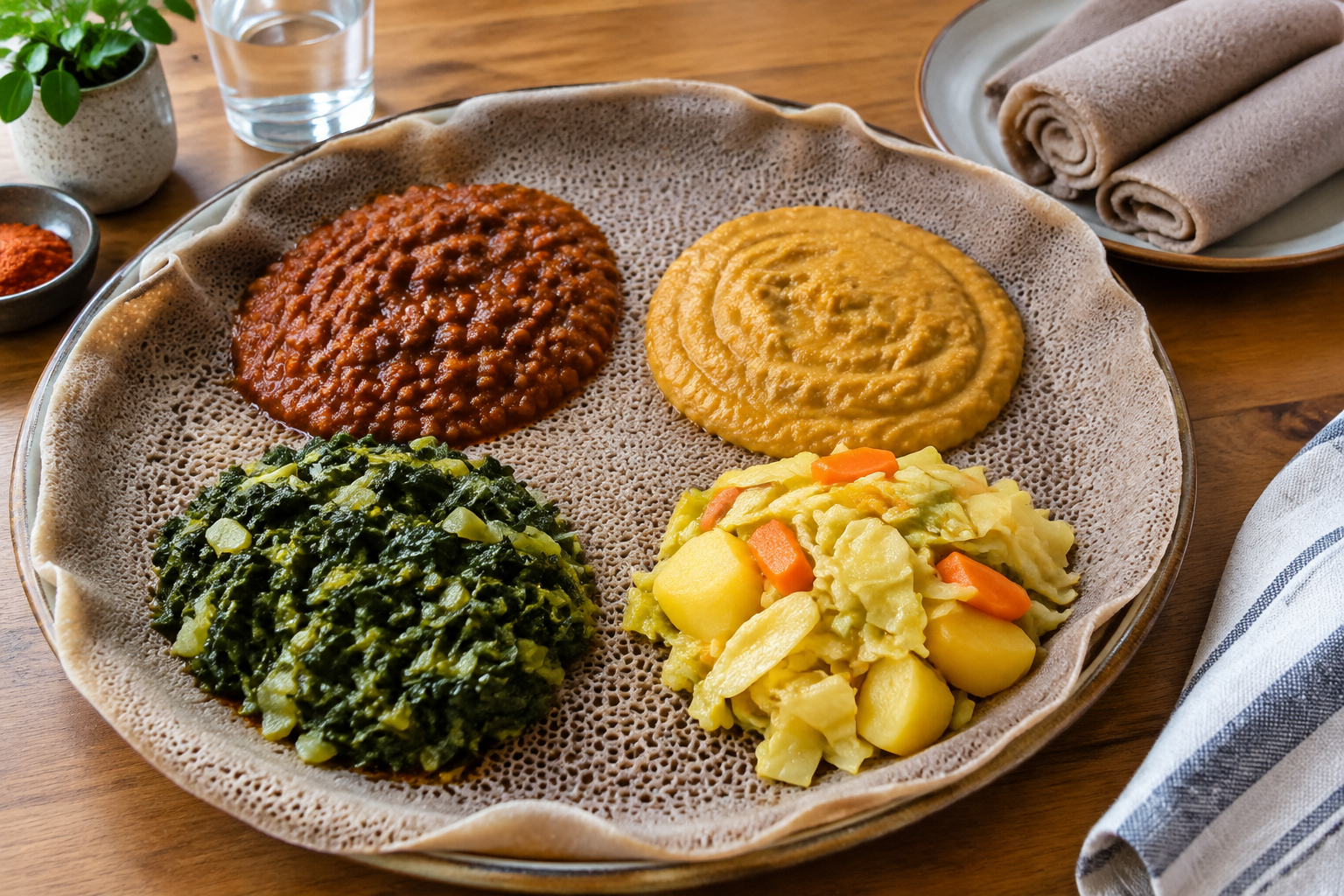 Misir wat, shiro, gröna blad och milda grönsaker ger en blandad servering med egna smaker och konsistenser. Nyskapad fotorealistisk illustration av en växtbaserad beyaynetu.