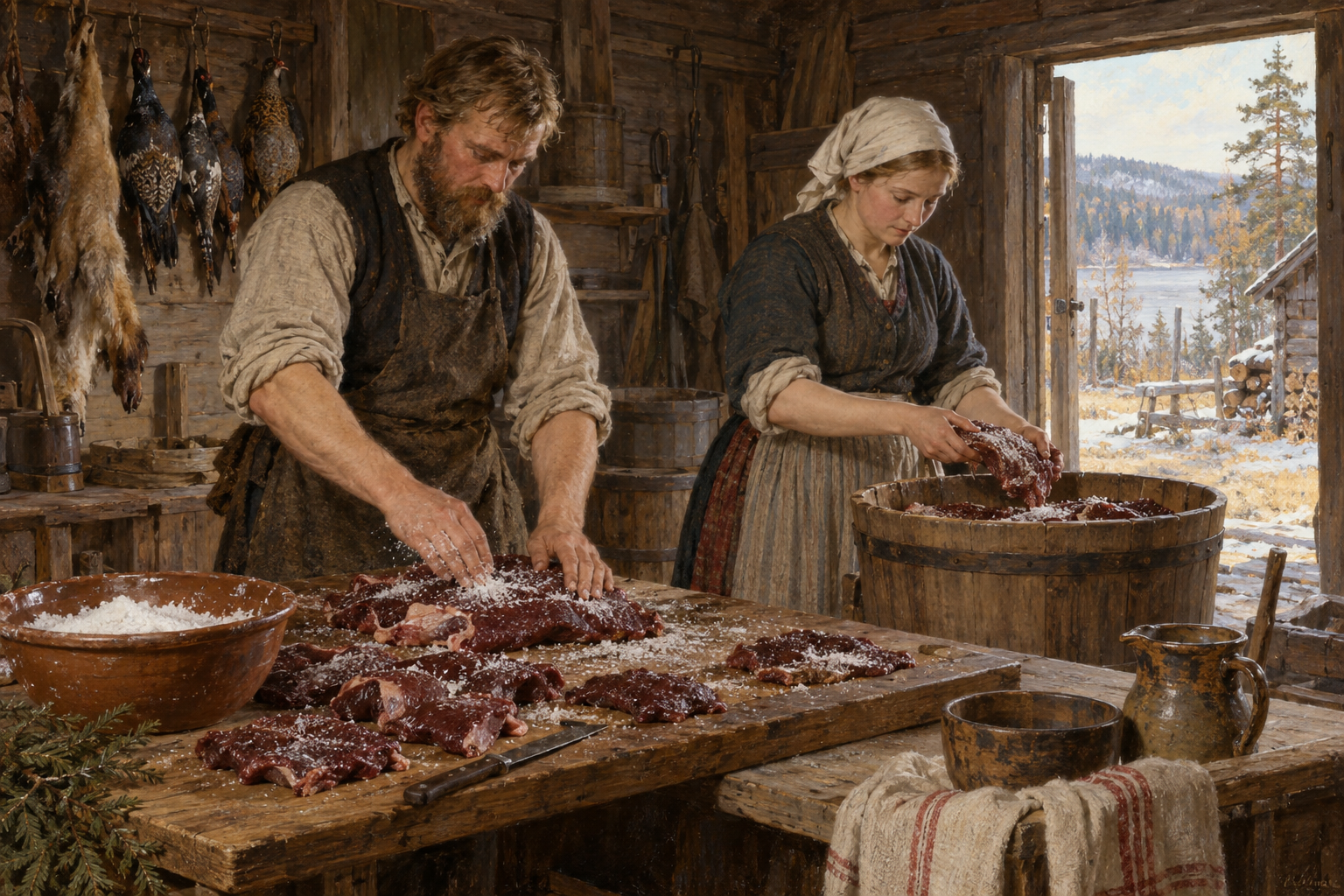 Före hemfrysarna var saltning ett av flera sätt att bevara kött. Nyskapad målad illustration av en tänkt svensk hushållsscen under sent 1800-tal.