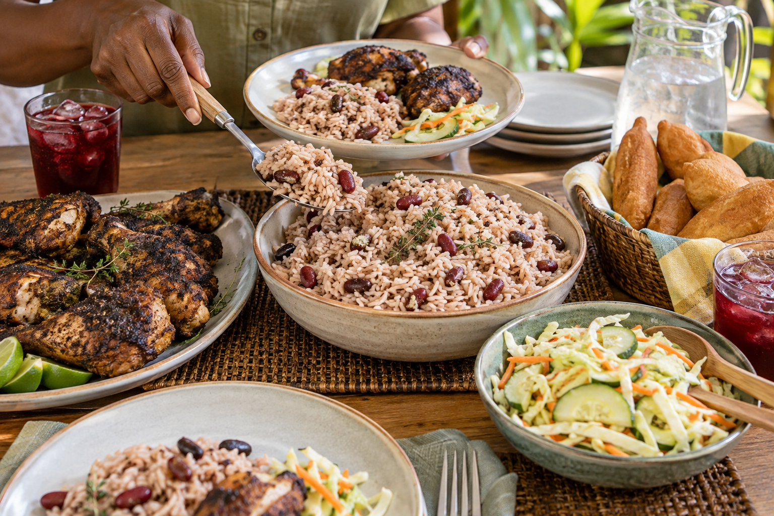 Rice and peas, festival och krispig sallad ger balans kring den kryddiga kycklingen; i glasen finns hibiskusdrycken sorrel. Nyskapad fotorealistisk illustration.