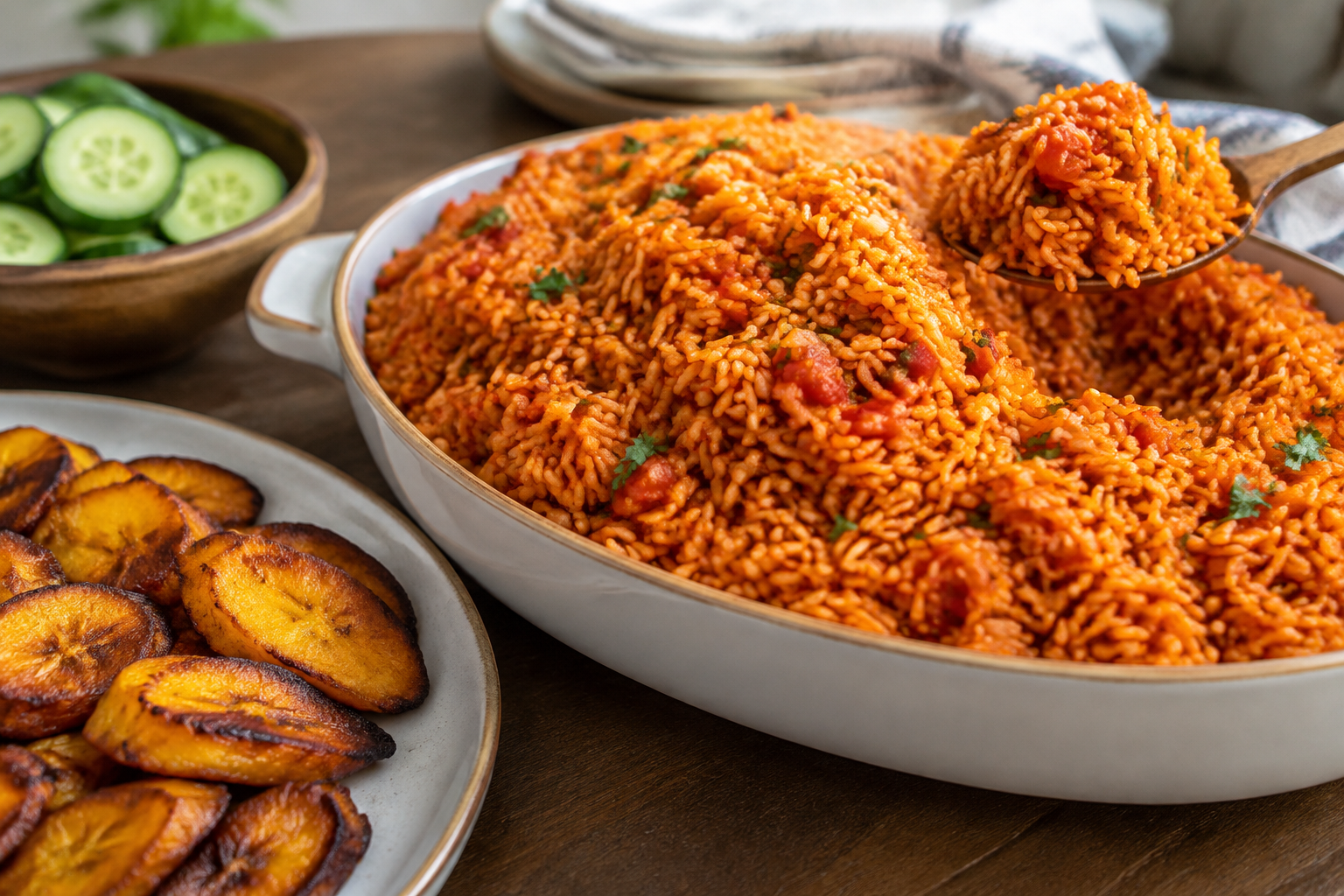 Luftiga korn och koncentrerad tomatsmak står i centrum när jollof kommer på bordet. Nyskapad fotorealistisk illustration.