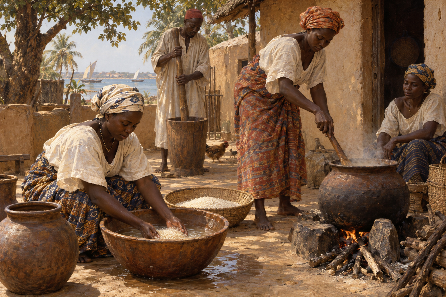 Risodling och riskokning har en lång historia i Västafrika, äldre än tomatens ankomst. Nyskapad målad illustration av en tänkt vardagsscen i 1800-talets Senegambia, inte en dokumenterad ursprungsscen för jollof.