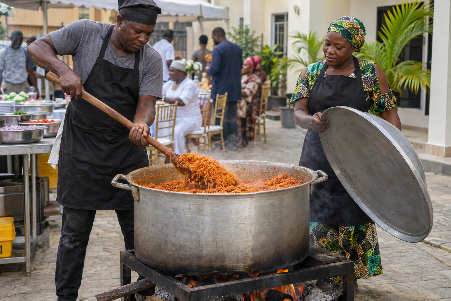 Partyjollof förknippas med stora festgrytor och ofta en rökig ton från eldningen. Nyskapad fotorealistisk illustration av festmatlagning i Lagos.
