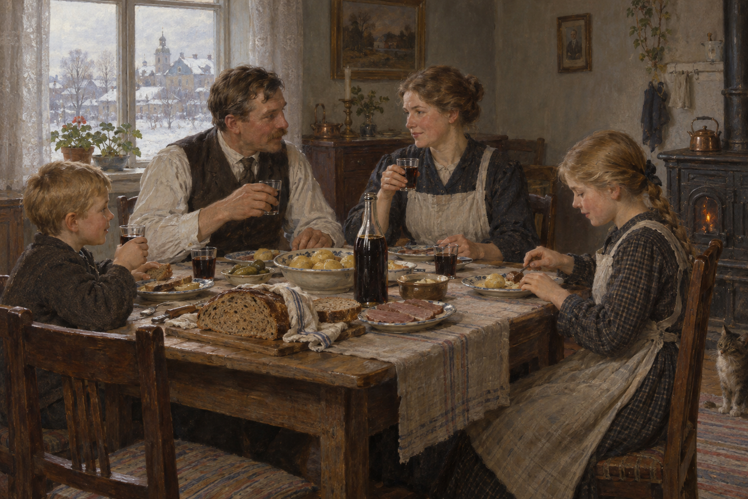 Alkoholfria alternativ växte fram i en tid då nykterhetsfrågan präglade samhällsdebatten. Nyskapad målad illustration av en tänkt måltidsmiljö omkring 1910, inte en dokumenterad händelse.
