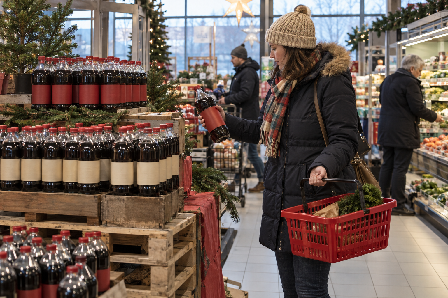 När musten får en framträdande plats i butiken blir säsongen synlig också i vardagshandeln. Nyskapad fotorealistisk illustration av en svensk butiksmiljö.