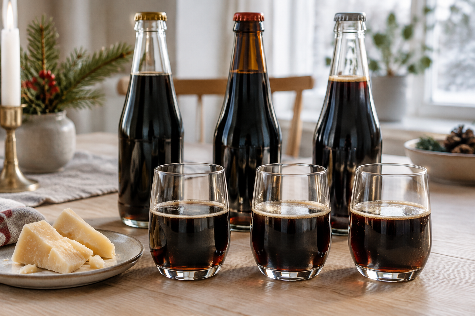 Vanlig, sockerfri och lagrad must kan jämföras i små glas; skillnaderna märks framför allt i doft och smak. Nyskapad fotorealistisk illustration.