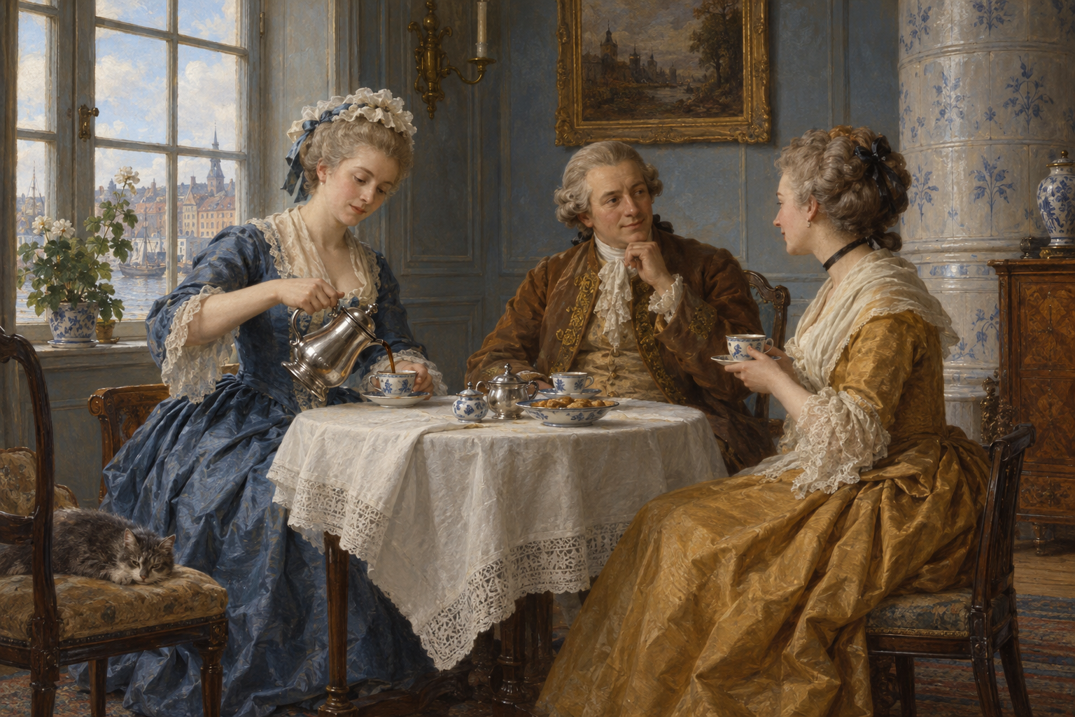 Kaffe blev under 1700-talet mer synligt i välbärgade svenska hem, innan vanan fick bredare spridning. Nyskapad målad illustration av en tänkt kaffestund omkring 1750.