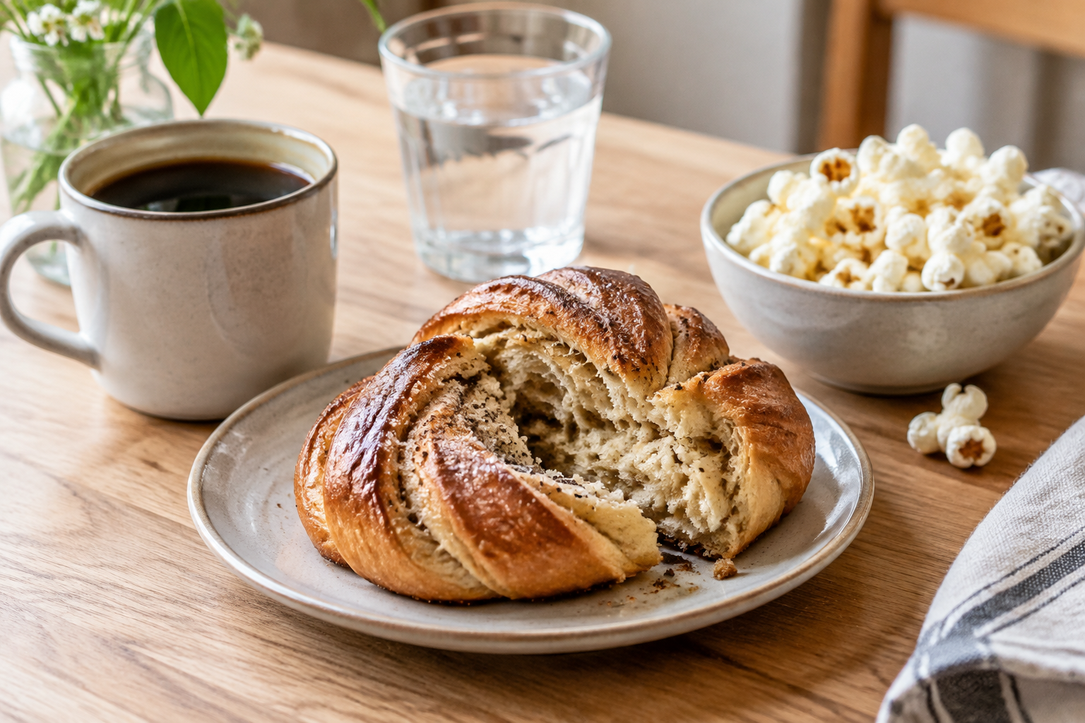 Kardemummabulle och lättsaltade popcorn ger två olika sällskap till kaffet: smörigt och kryddigt respektive frasigt och milt rostat. Nyskapad fotorealistisk illustration av ett nutida smakmöte.