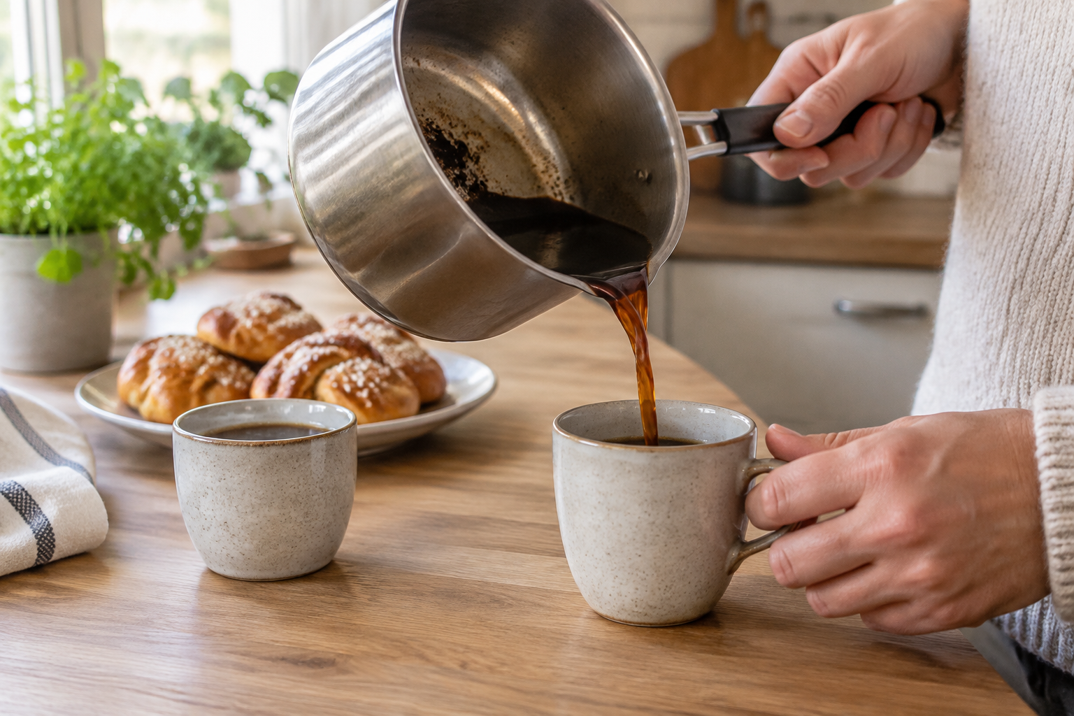 Låt sumpen sjunka och häll långsamt, med det sista kvar i kastrullen. Nyskapad fotorealistisk illustration av reportagets hemmavariant, inte av en fullständig etiopisk kaffeceremoni.