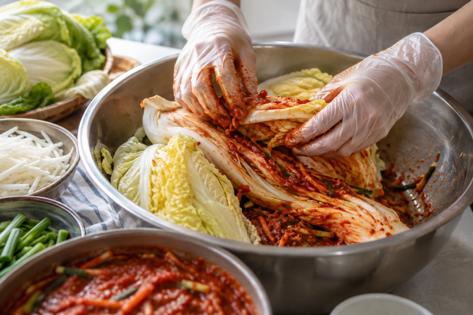 Kryddpastan arbetas in mellan bladen på den saltade salladskålen. Nyskapad fotorealistisk illustration av tillagningen av baechu-kimchi.