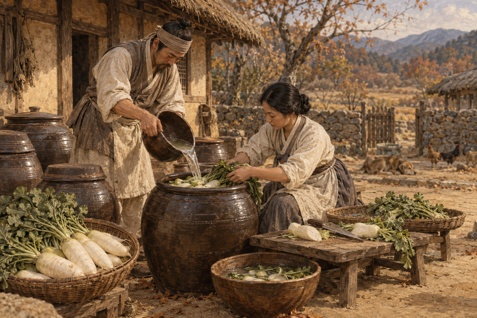 Saltade grönsaker har en längre historia i Korea än den röda chilin. Nyskapad målad illustration som fritt gestaltar grönsaksinläggning i ett koreanskt hushåll före chilins ankomst.