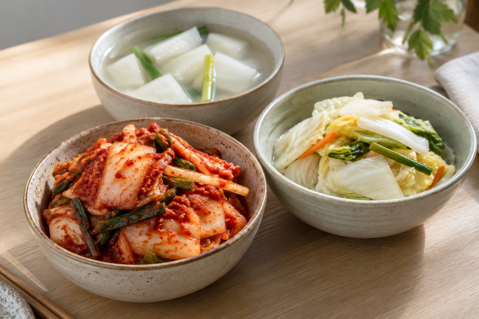 Röd mak-kimchi, mild baek-kimchi och rättikskimchin dongchimi visar familjens bredd. Nyskapad fotorealistisk illustration av tre olika kimchisorter.