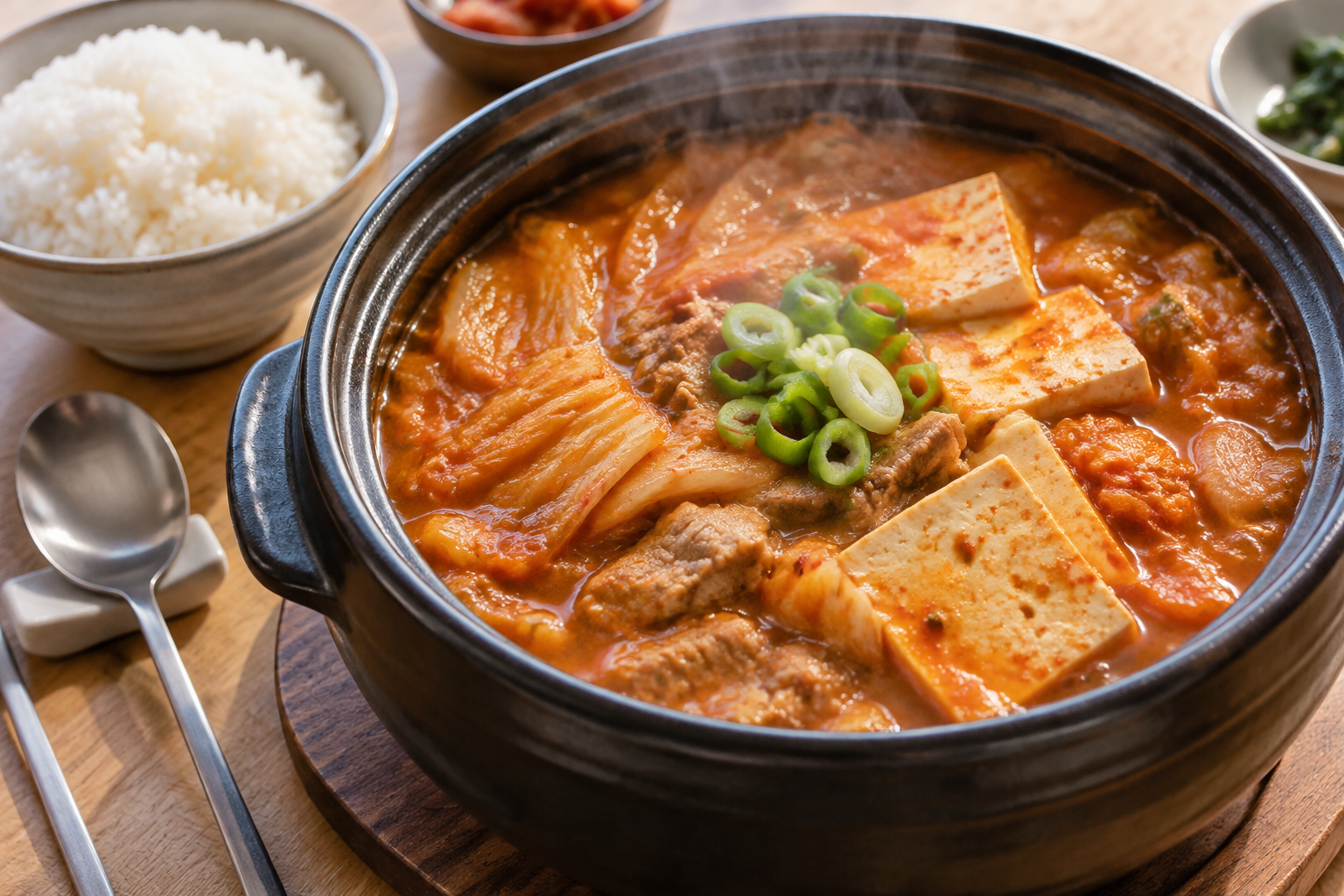 Mogen, syrlig kimchi ger djup åt kimchi-jjigae med fläsk och tofu. Nyskapad fotorealistisk illustration av grytan serverad med ris.