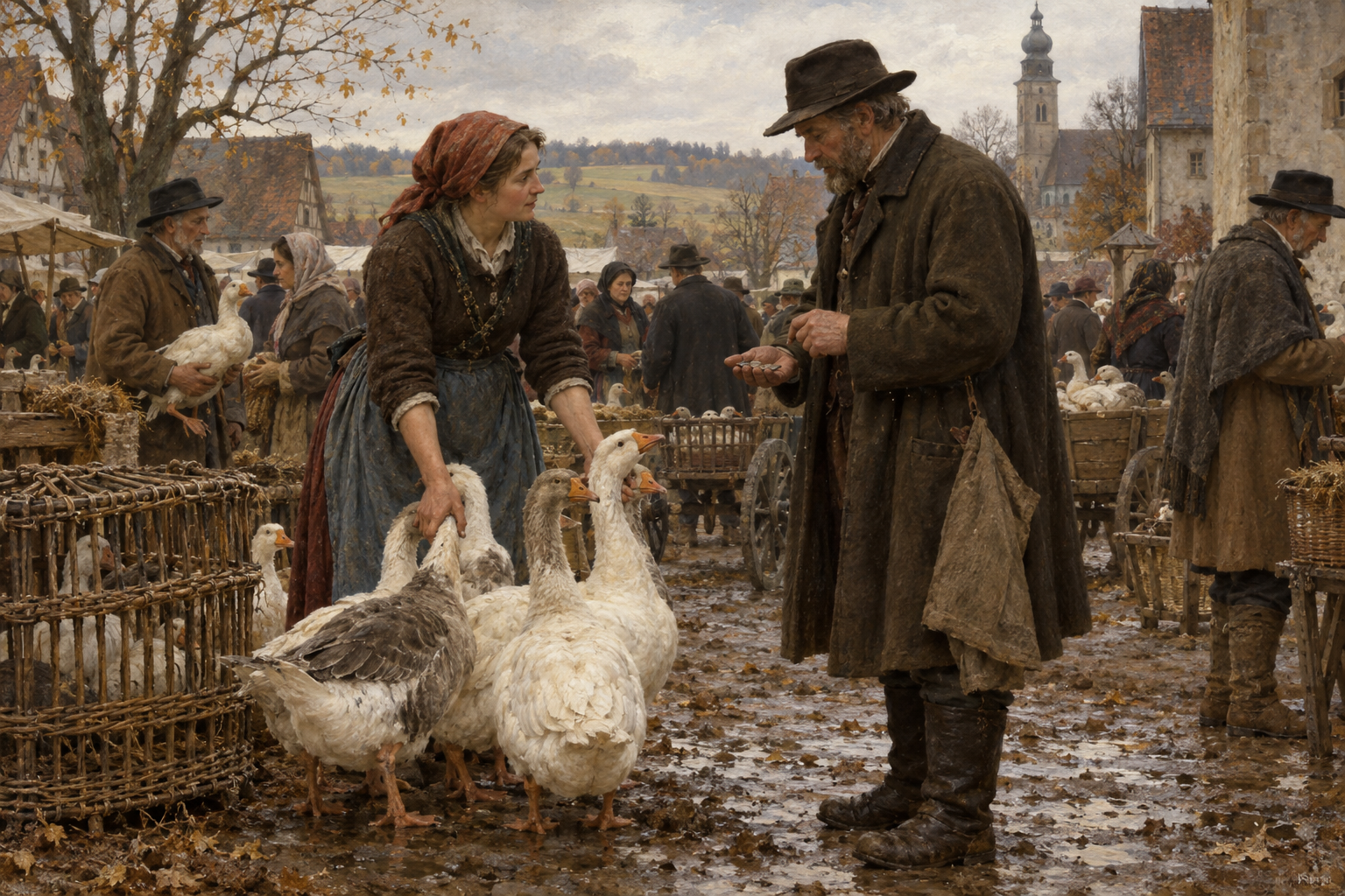 En gödd gås kunde bli både festmat och en inkomst inför vintern. Nyskapad målad illustration av en tänkt höstmarknad i ett tyskspråkigt jordbruksområde omkring 1850.