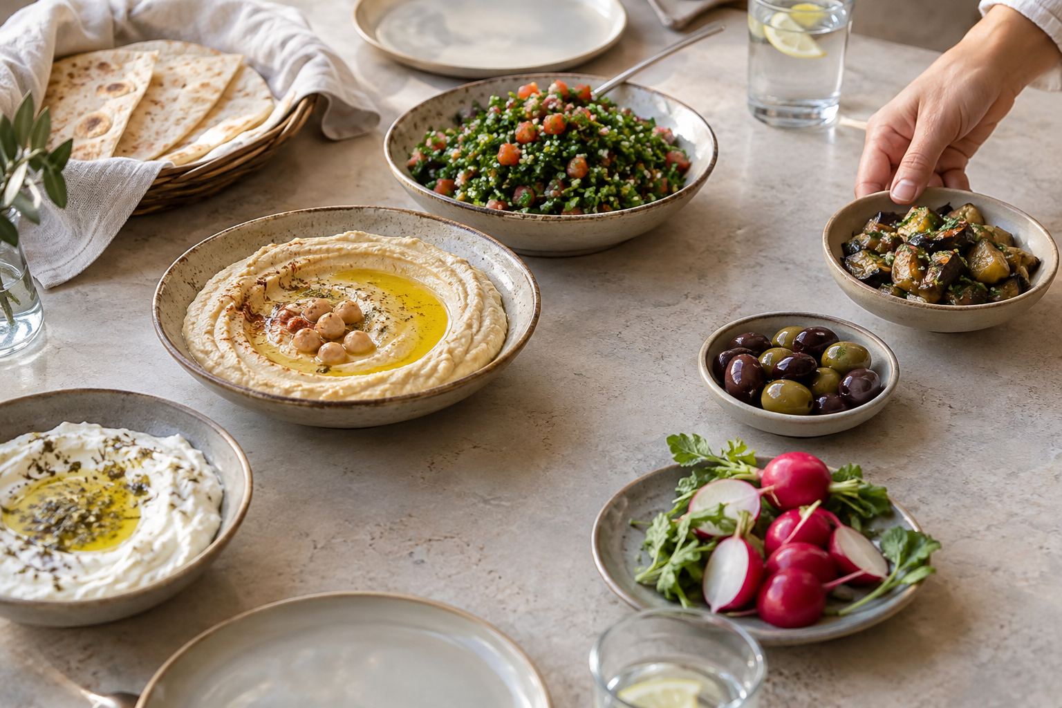 Bröd, hummus, labneh och persiljerik tabbouleh blir början på ett bord som fylls efter hand. Nyskapad fotorealistisk illustration.