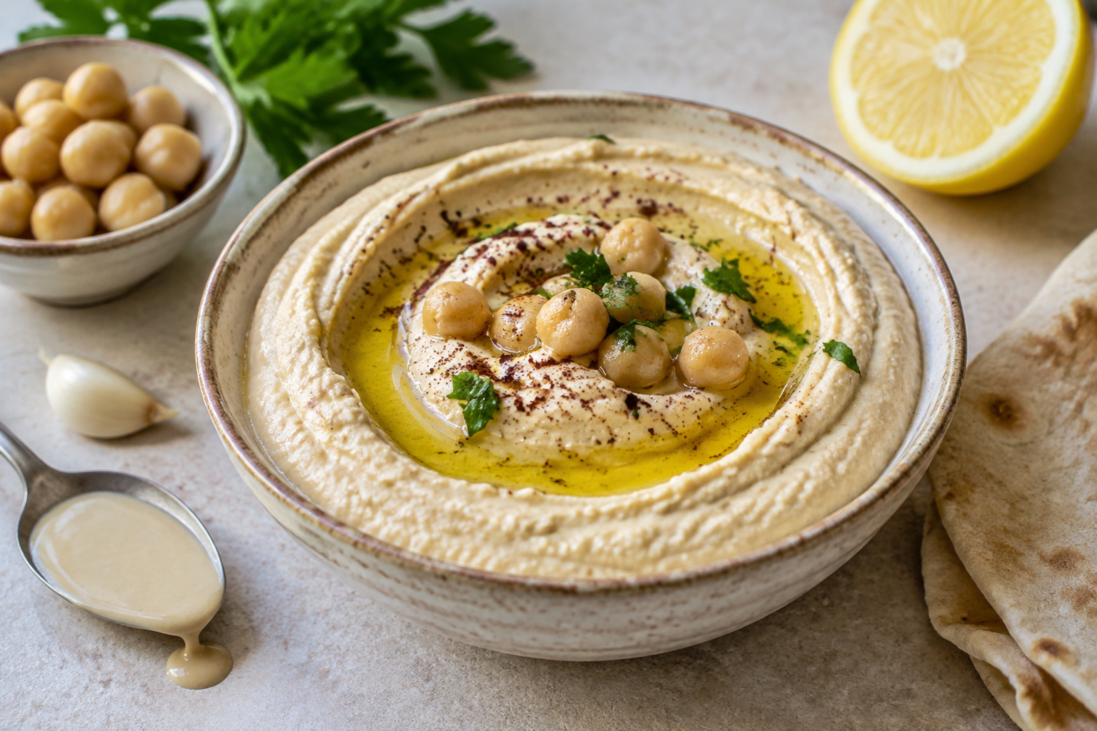 Kikärter, tahini, citron och vitlök bygger smaken i denna libanesiska hummusversion, med olivolja ovanpå. Nyskapad fotorealistisk illustration.