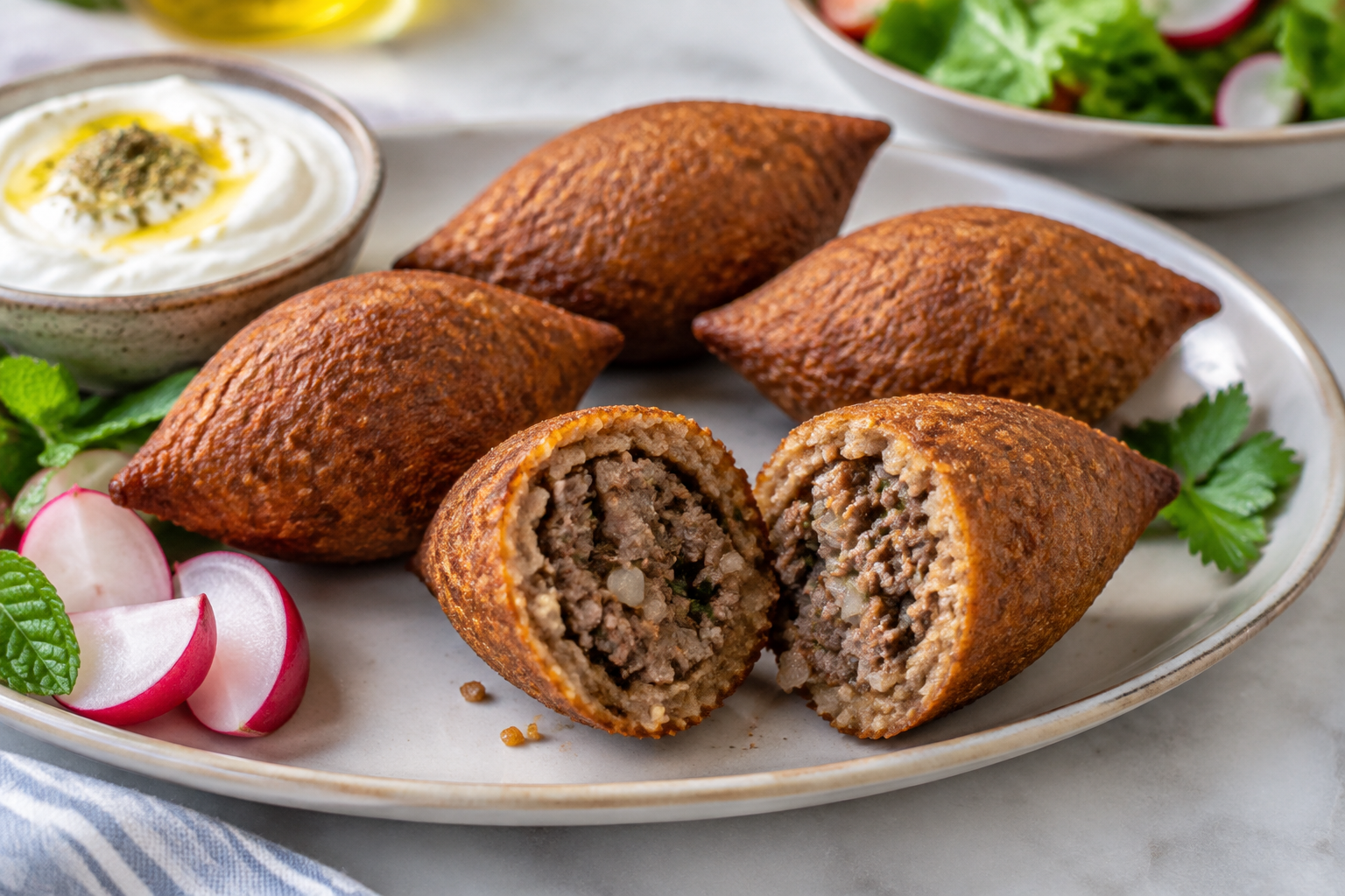 Friterad, fylld kibbeh förenar ett tunt frasigt skal med en saftig, genomlagad kött- och lökfyllning. Nyskapad fotorealistisk illustration.