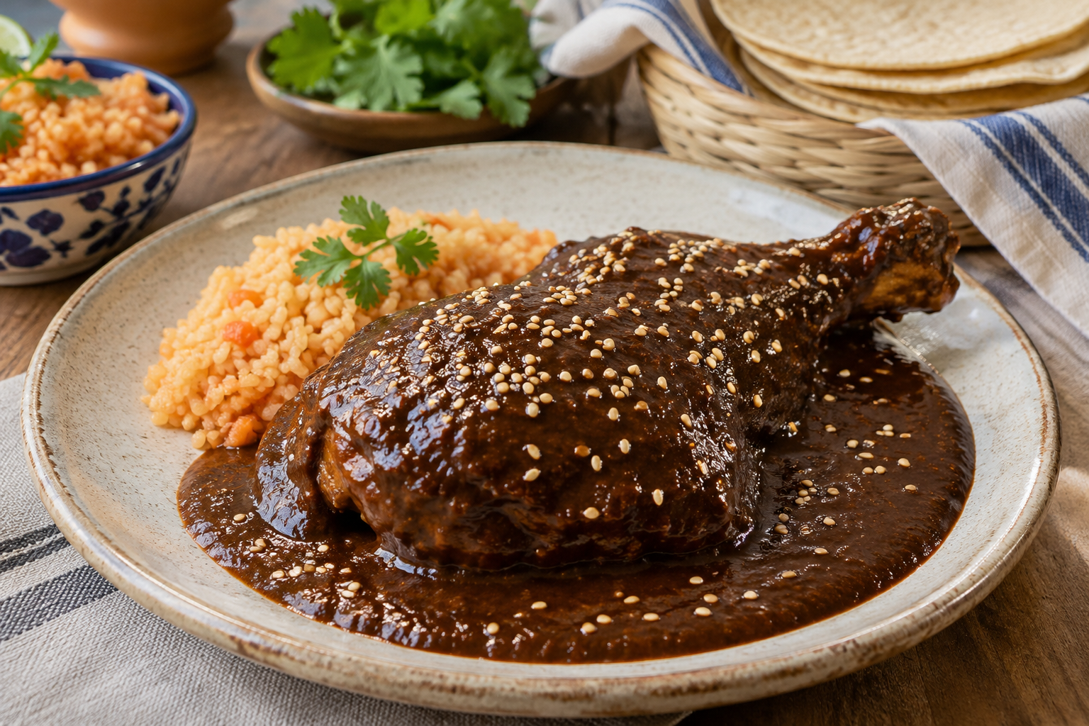 Chilin bär mole poblano, medan chokladen fördjupar smaken. Nyskapad fotorealistisk illustration av såsen serverad över kalkon med sesamfrön.