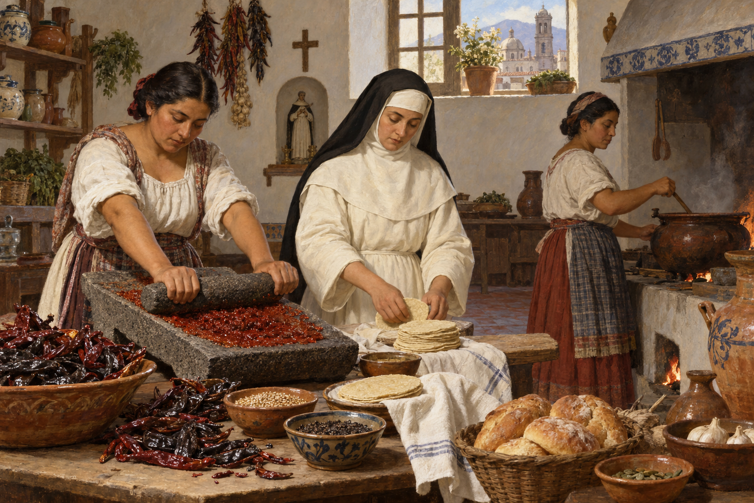 Nyskapad målad illustration av ett tänkt klosterkök i kolonialtidens Puebla. Santa Rosa hör till rättens mest kända ursprungslegender, men något säkert uppfinningsögonblick är inte belagt.