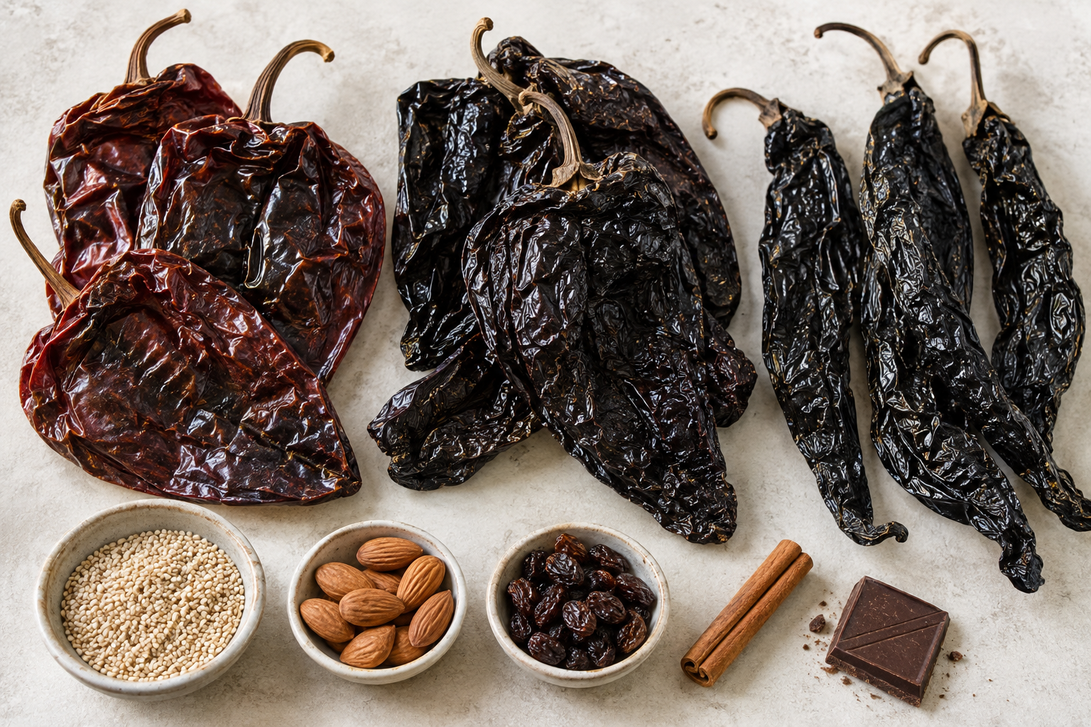 Från vänster: ancho, mulato och pasilla – tre chilifrukter med olika aromatiska bidrag till såsen. Nyskapad fotorealistisk illustration där chokladen får en mindre plats, precis som i smakbalansen.