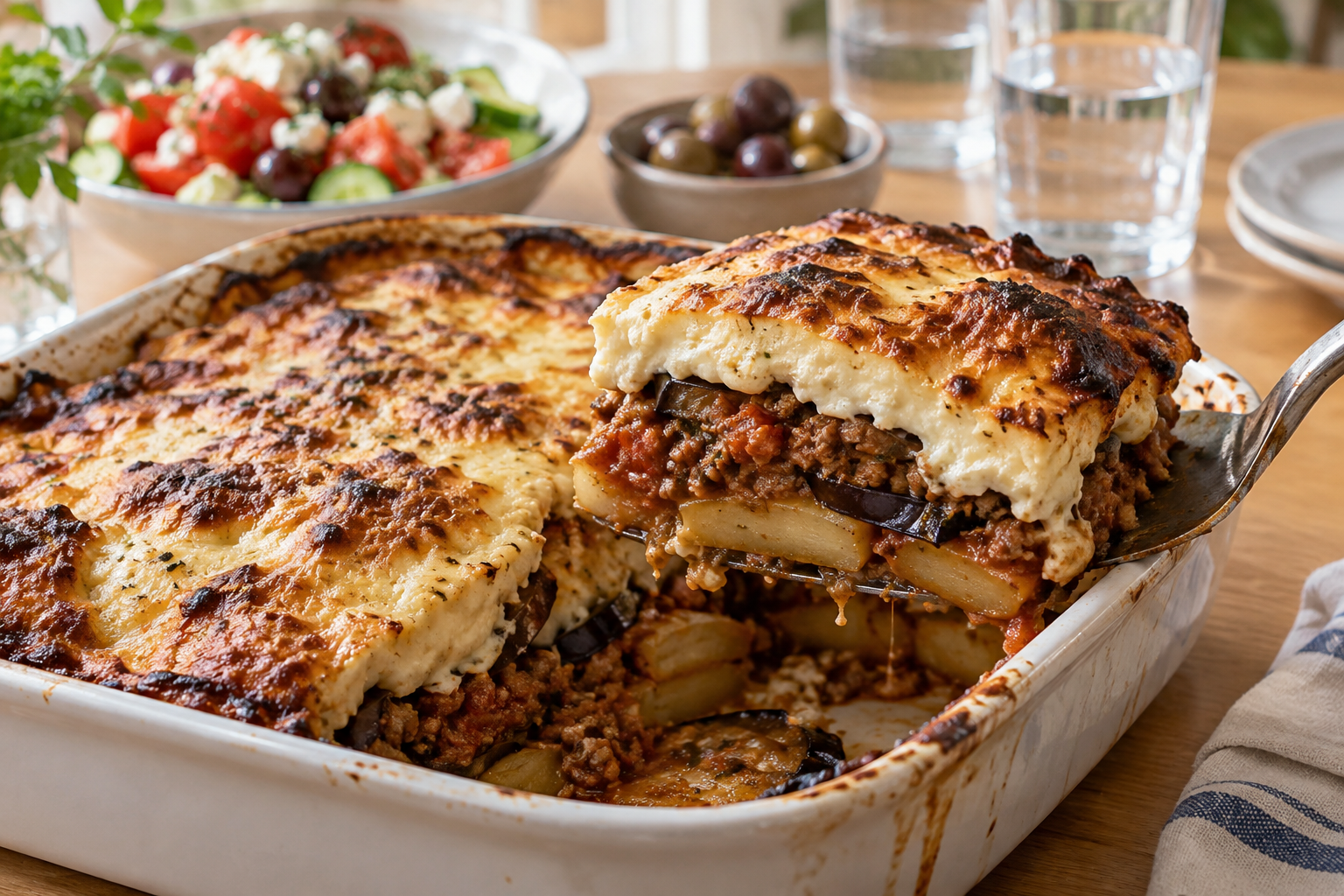 Aubergine, färssås och ett gratinerat såstäcke ger den moderna grekiska moussakan dess välbekanta lager. Nyskapad fotorealistisk illustration.