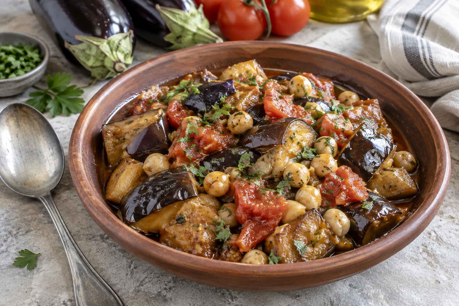 Levantinska rätter med aubergine, tomat och kikärter hör till den bredare rättfamiljen och har inget béchameltäcke. Nyskapad fotorealistisk illustration.