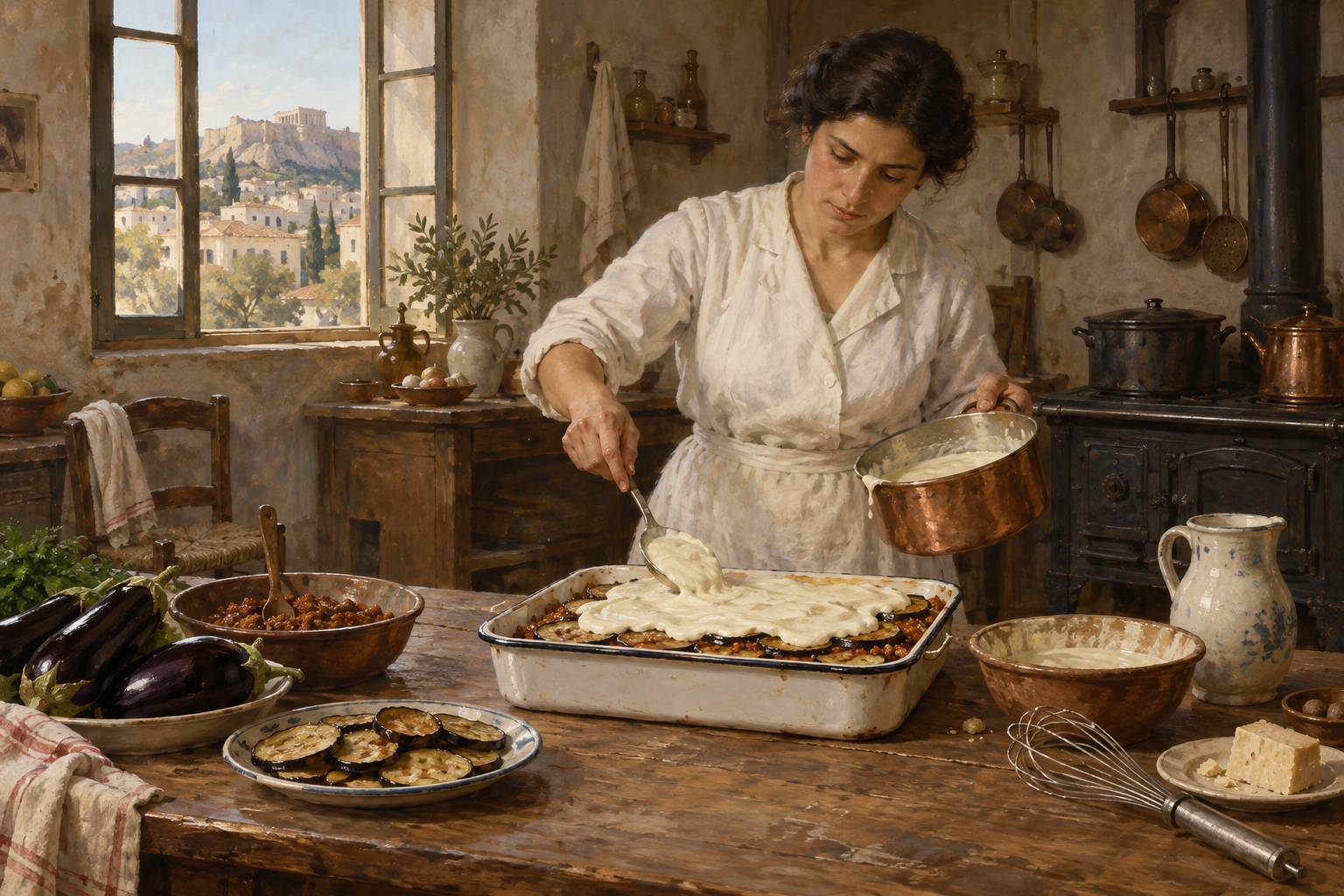 Tselementes brukar tillskrivas en avgörande roll i att popularisera den béchameltäckta moussakan. Nyskapad målad illustration av en tänkt grekisk köksscen på 1920-talet, inte ett dokumenterat tillfälle.