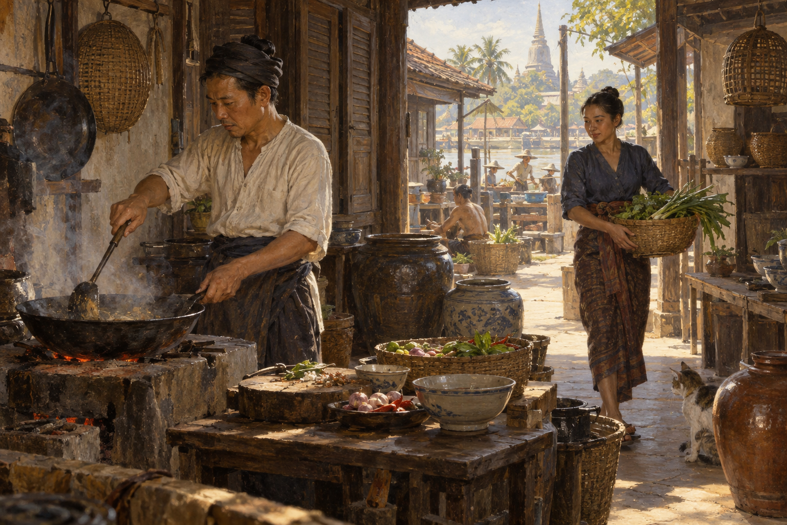 Nyskapad målad illustration av en tänkt köksscen i Bangkok omkring 1900. Scenen anknyter till utbytet av stektekniker, inte till någon belagd tillkomst av pad kra pao.