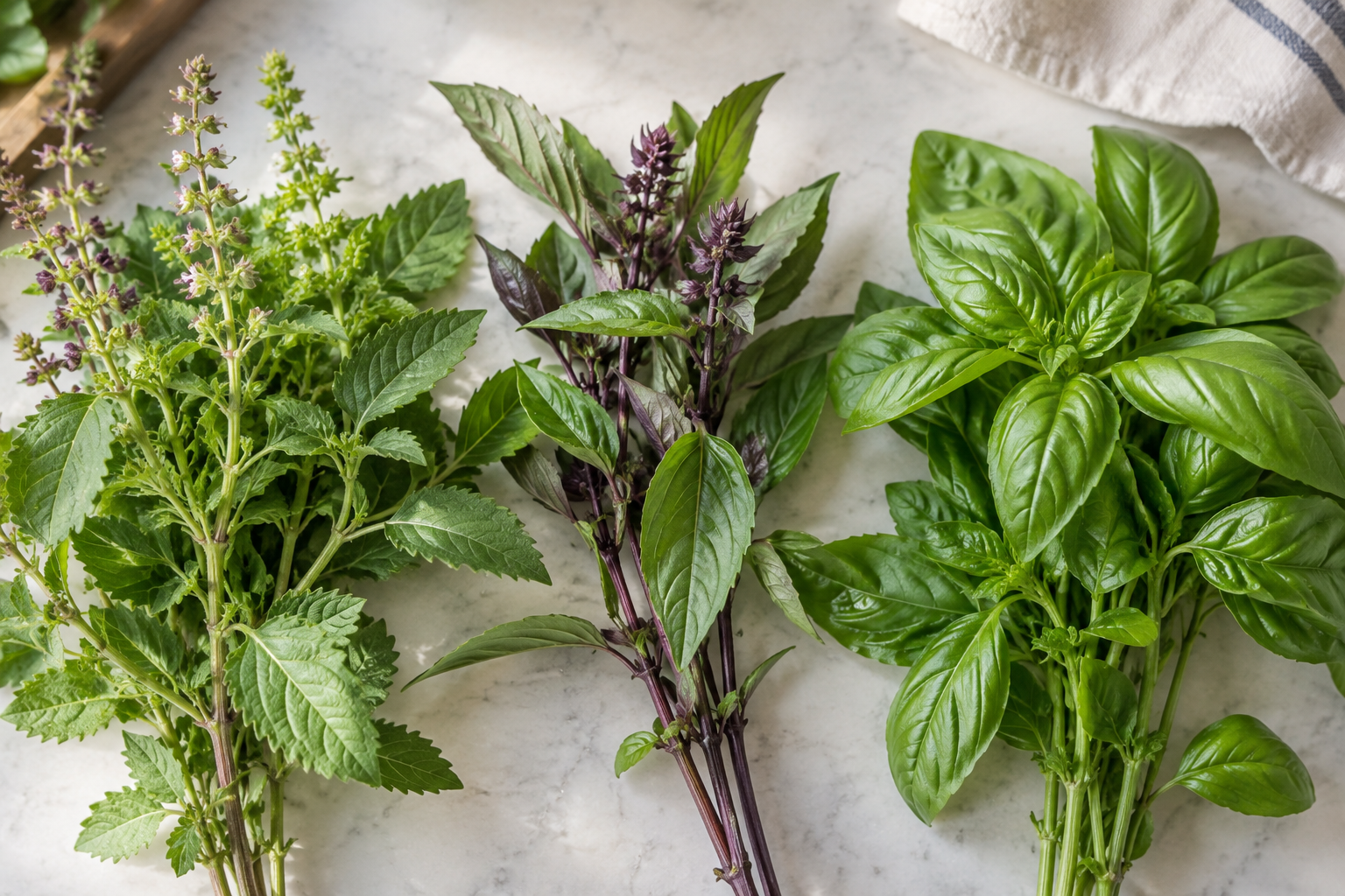 Från vänster: helig basilika, horapha och vanlig söt basilika – tre örter med olika aromprofil. Nyskapad fotorealistisk illustration som lyfter fram bladens skillnader.