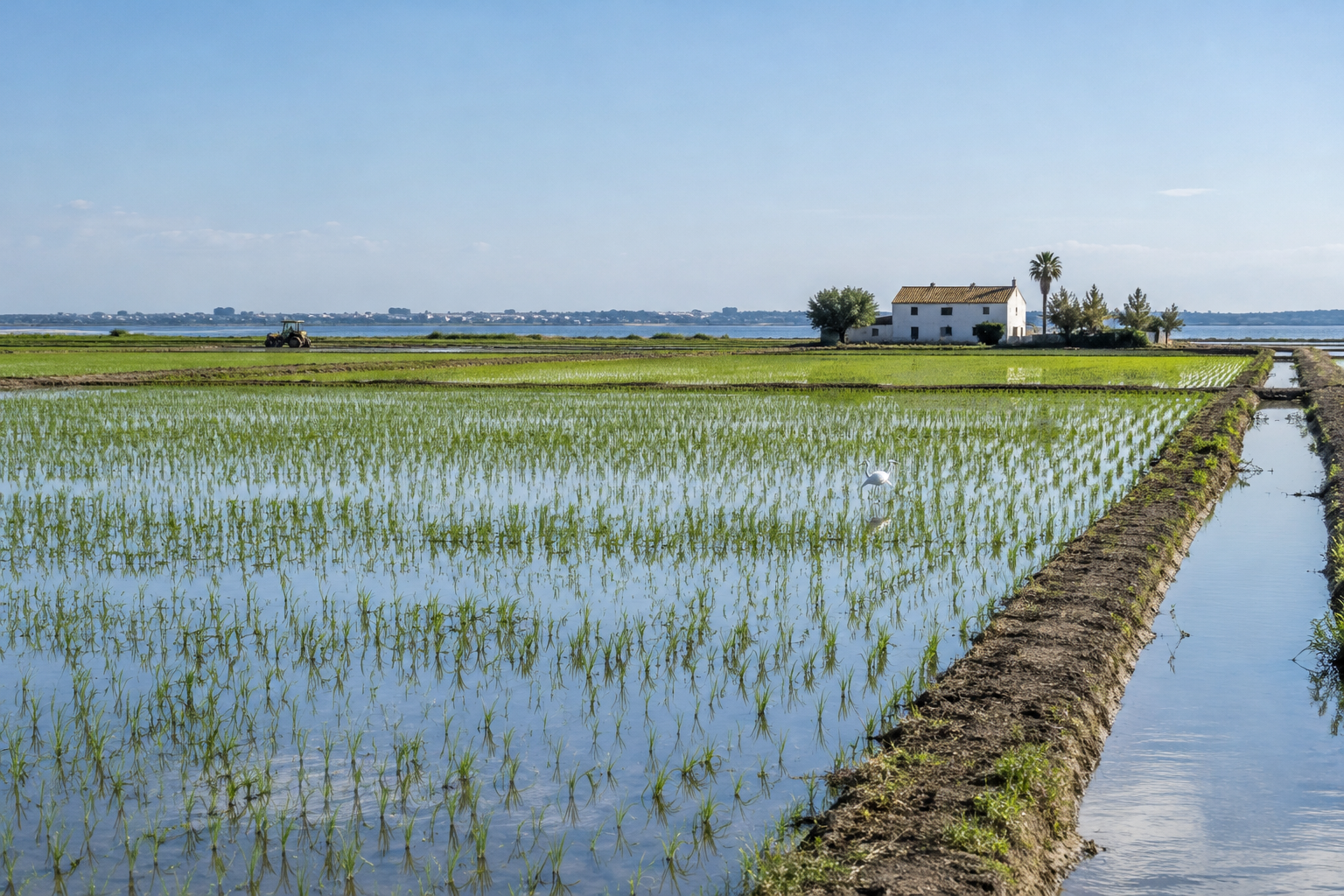 Risfält och bevattningskanaler präglar landskapet kring Albufera söder om Valencia. Nyskapad fotorealistisk illustration av miljön där paellan har sina rötter.