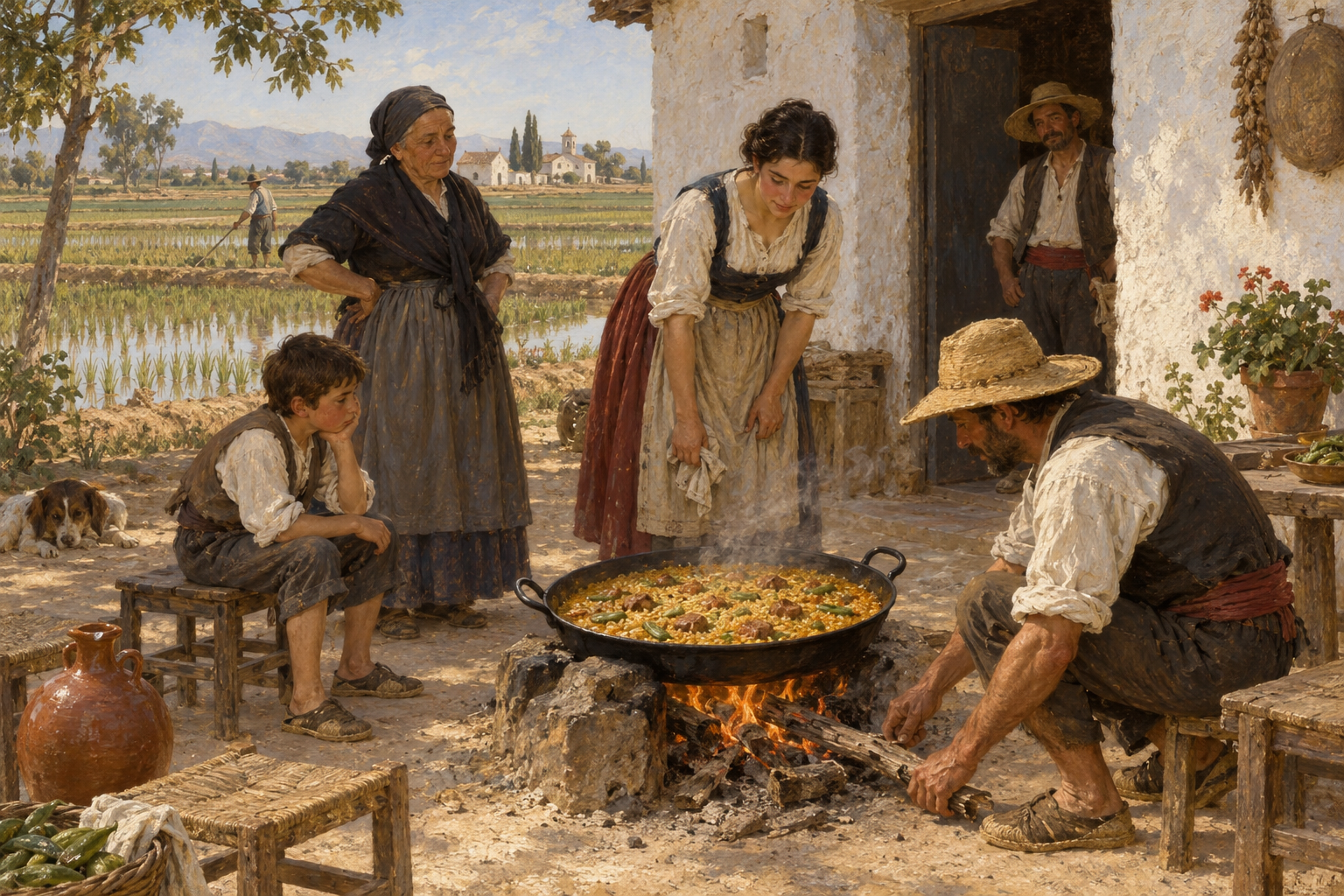 Paellan växte fram i Valencias jordbruksmiljöer, utan någon säker upphovsperson. Nyskapad målad illustration av en tänkbar matlagningsscen under senare delen av 1800-talet.