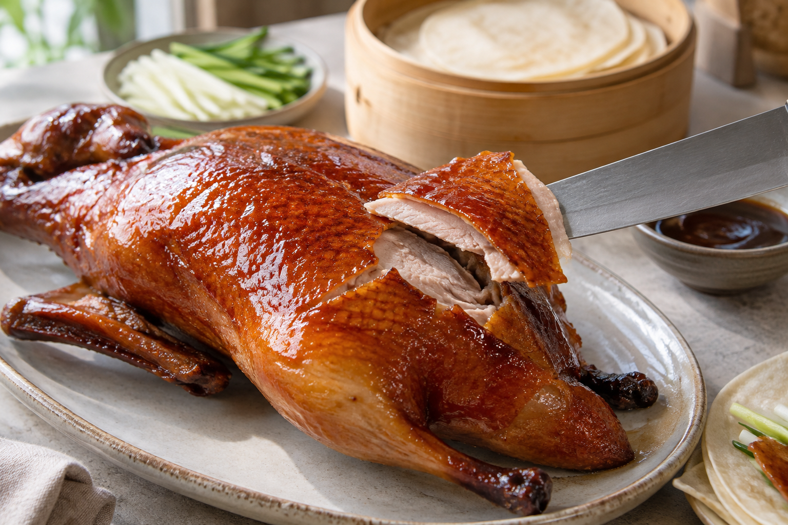 Blankt skinn, varmt kött och ett tunt lager fett – pekingankans kontraster börjar redan under kniven. Nyskapad fotorealistisk illustration.